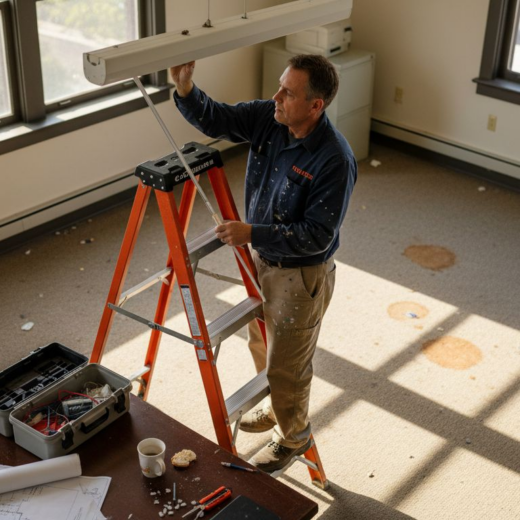 Technician installing LED in office ceiling