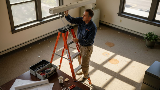 Technician installing LED in office ceiling