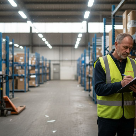 Warehouse supervisor under industrial LED lights