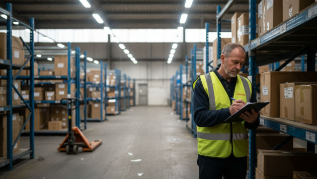 Warehouse supervisor under industrial LED lights