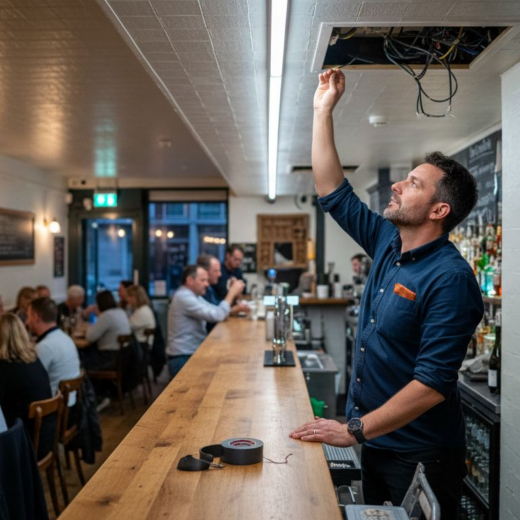 Venue manager adjusting LED fixture in restaurant