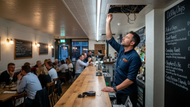 Venue manager adjusting LED fixture in restaurant