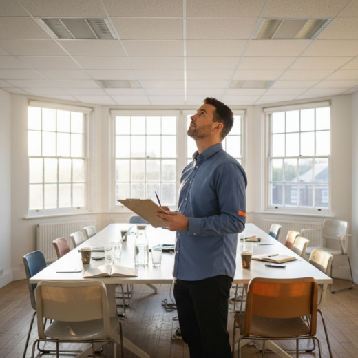 Manager surveying LED fixtures in office meeting room