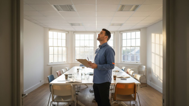 Manager surveying LED fixtures in office meeting room