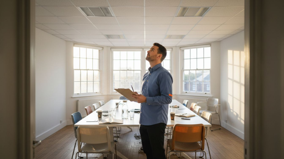 Manager surveying LED fixtures in office meeting room