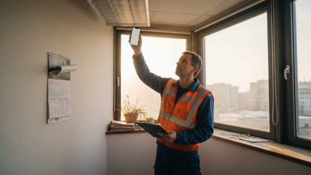 Manager assessing office lighting setup
