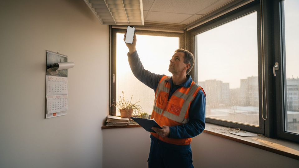 Manager assessing office lighting setup