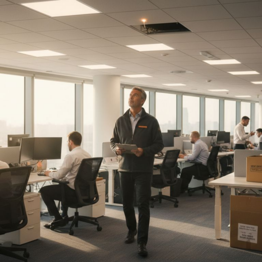 Facilities manager checks ceiling lights in UK office