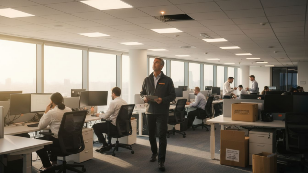 Facilities manager checks ceiling lights in UK office