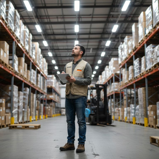 Manager assessing lighting in warehouse aisles