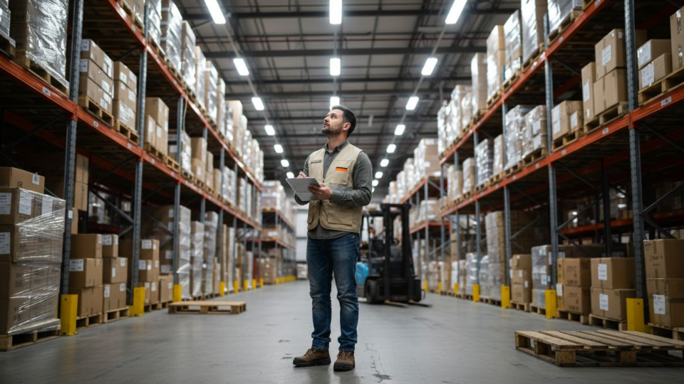 Manager assessing lighting in warehouse aisles