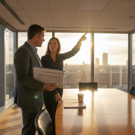 Managers discuss LED lighting in office