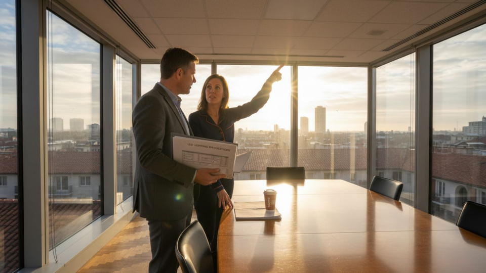 Managers discuss LED lighting in office