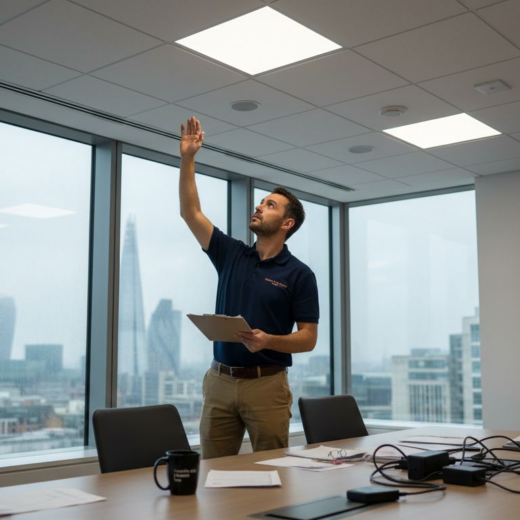 Manager checking LED panels in London office