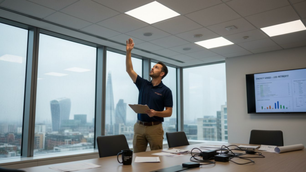 Manager checking LED panels in London office