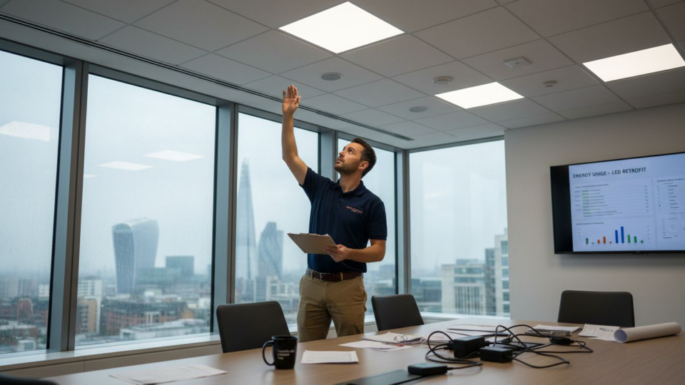 Manager checking LED panels in London office