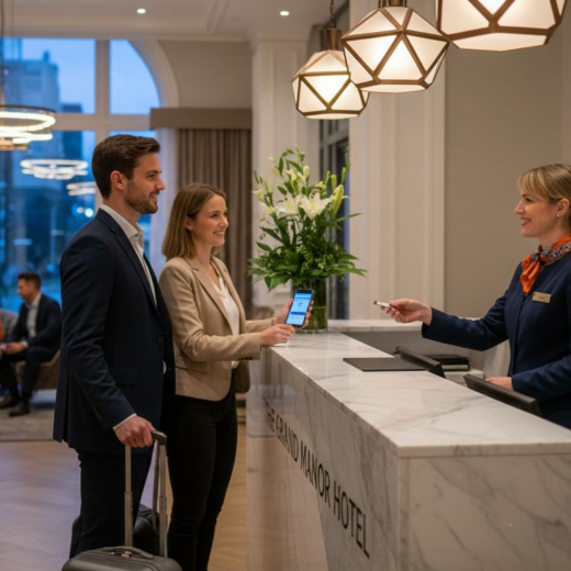 Hotel lobby with layered lighting and guests