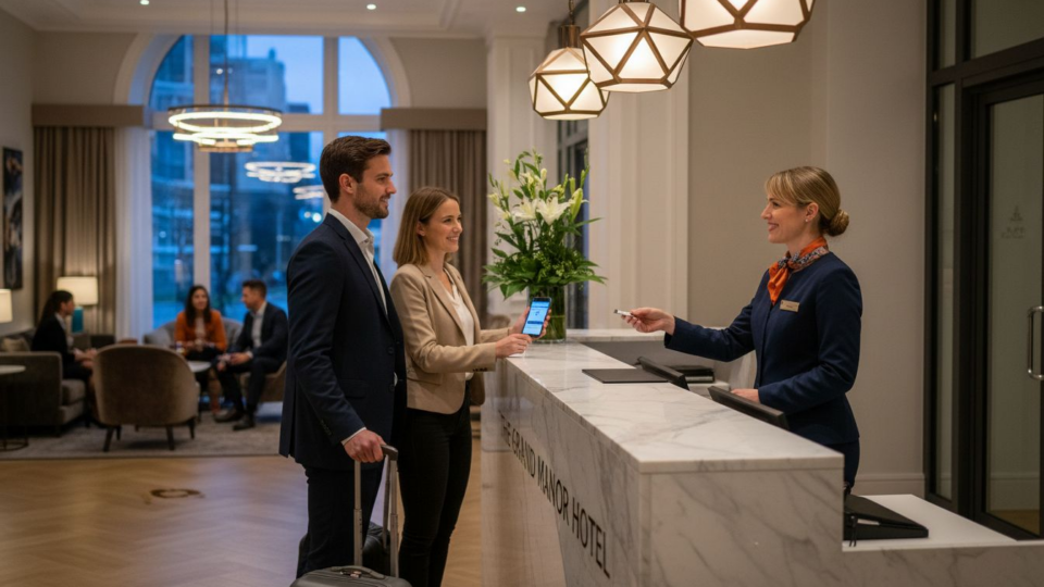 Hotel lobby with layered lighting and guests