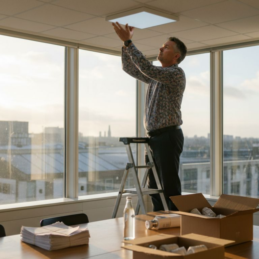 Manager installing LED panel in UK office