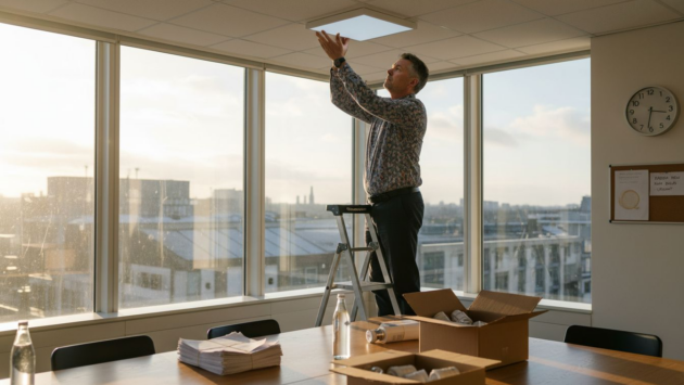 Manager installing LED panel in UK office
