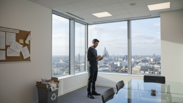 Manager reviewing LED-lit London office