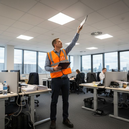 Manager inspecting LED panels in office workspace