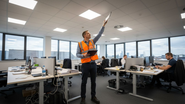 Manager inspecting LED panels in office workspace