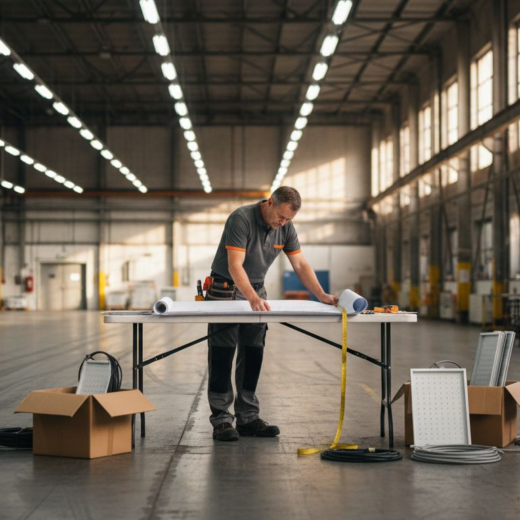 Electrician reviewing warehouse LED lighting plans
