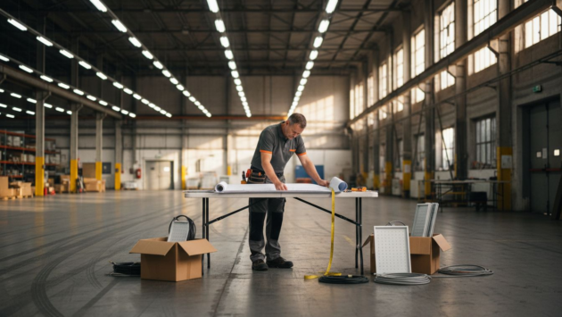 Electrician reviewing warehouse LED lighting plans