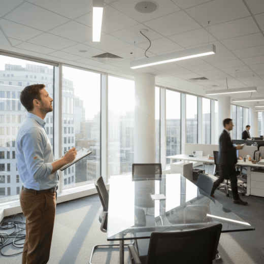Facilities manager assessing office lighting scene