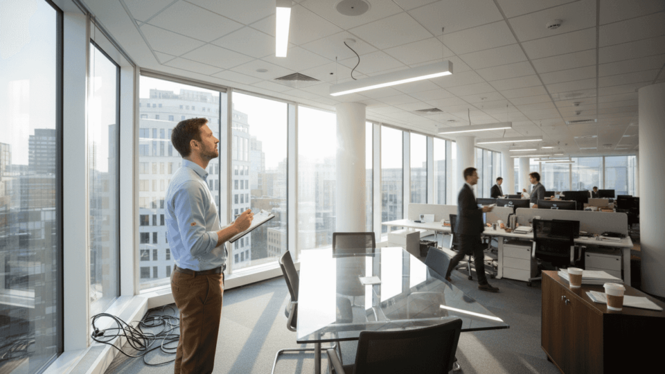 Facilities manager assessing office lighting scene