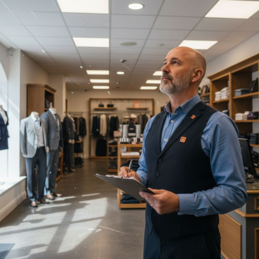 Store manager inspecting LED lighting in retail shop