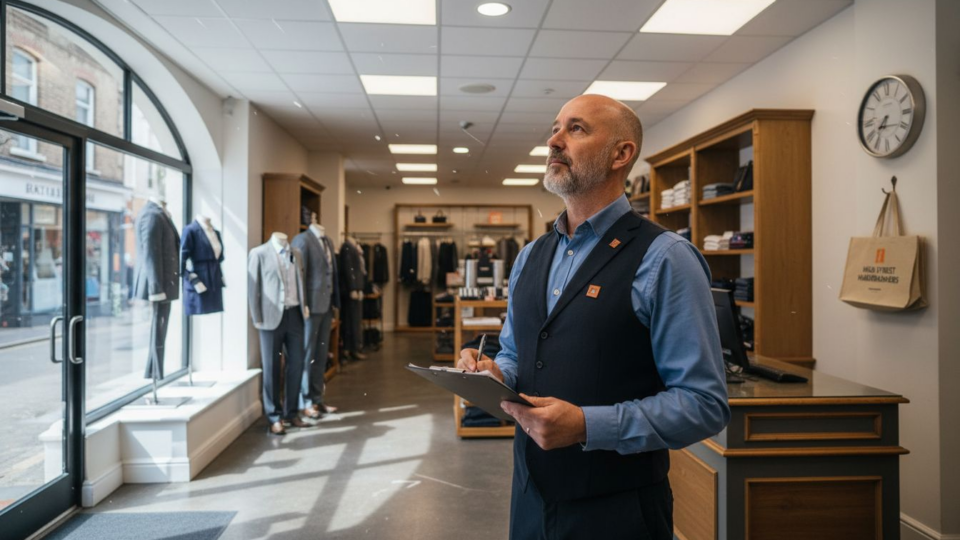 Store manager inspecting LED lighting in retail shop