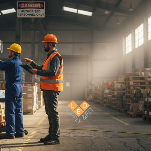 Industrial supervisor reviewing ATEX lighting installation