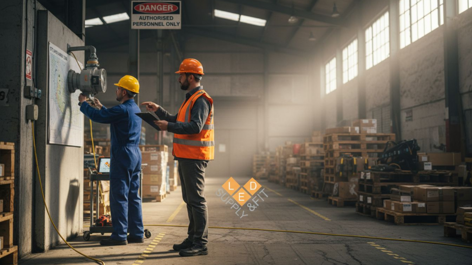 Industrial supervisor reviewing ATEX lighting installation