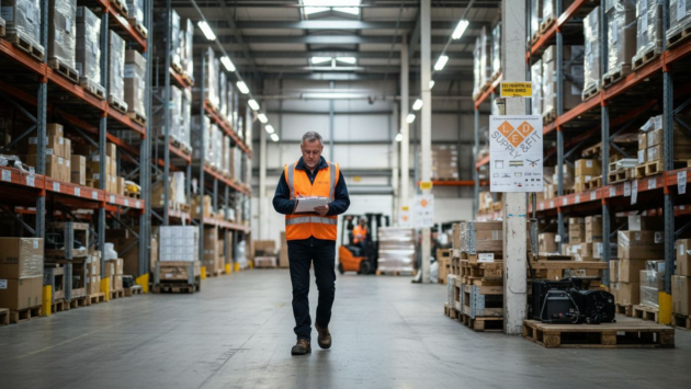 Supervisor checking warehouse lighting safety