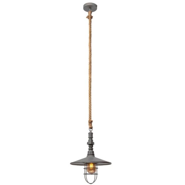 Vintage Flat Caged LED Ceiling Pendant Light | With Hemp Rope