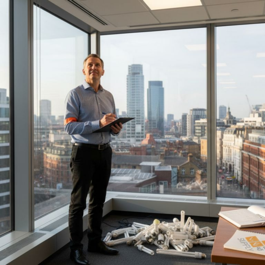 Facility manager inspects LED office lighting