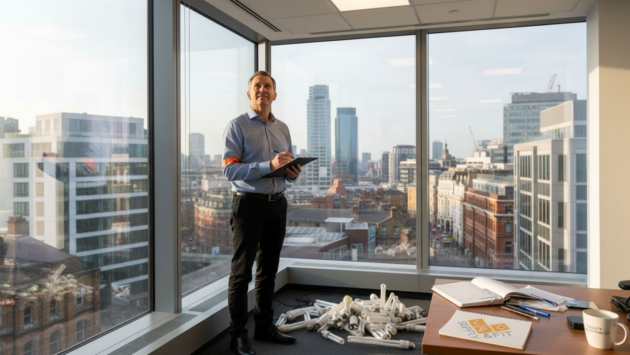 Facility manager inspects LED office lighting