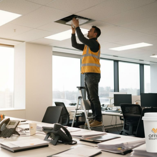 Electrician installs LED panel in UK office