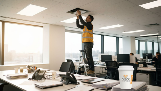 Electrician installs LED panel in UK office
