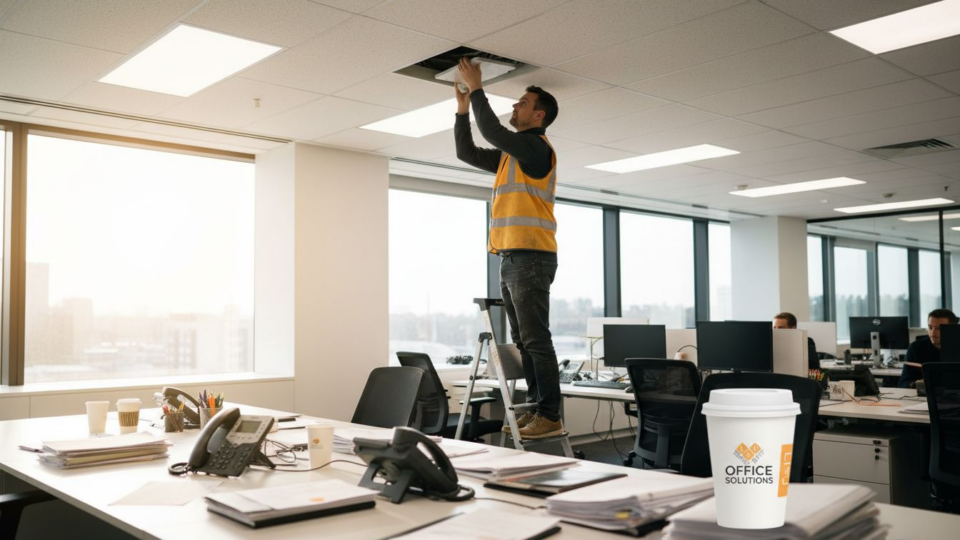 Electrician installs LED panel in UK office