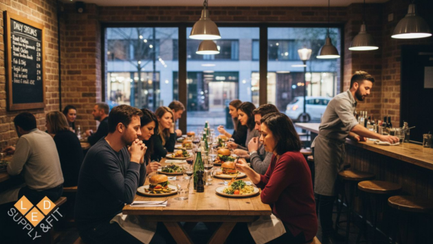 Restaurant interior with warm LED lighting and diners