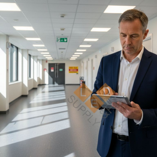 Facilities manager reviewing lighting controls setup