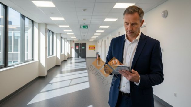 Facilities manager reviewing lighting controls setup