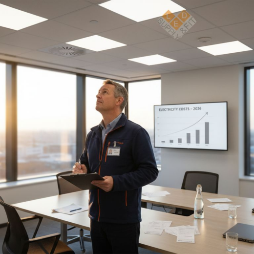 Manager inspecting LED panels in UK office
