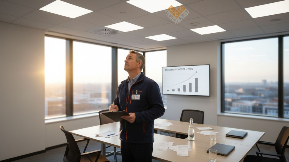 Manager inspecting LED panels in UK office