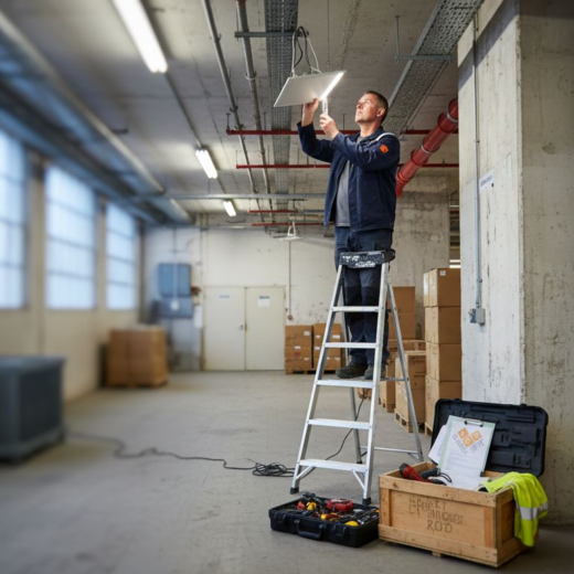 Worker retrofitting LED lighting in storeroom