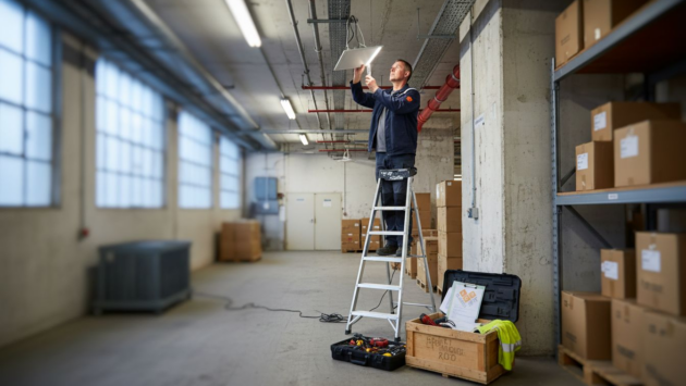 Worker retrofitting LED lighting in storeroom