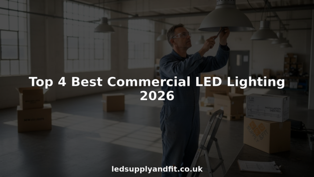 Electrician installing LED light in warehouse office